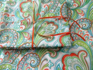Vintage Full Flat Sheet & Pillowcases Hippie Mod Green - Turquoise - Orange Paisley