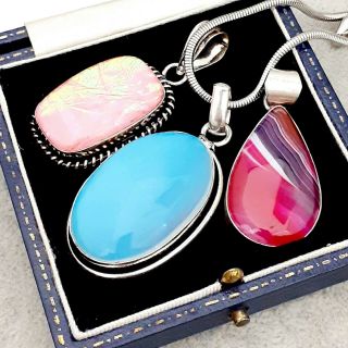 Gift Set Of 3 Vintage Style Silver Plated Pink Agate & Glass Opal Pendants