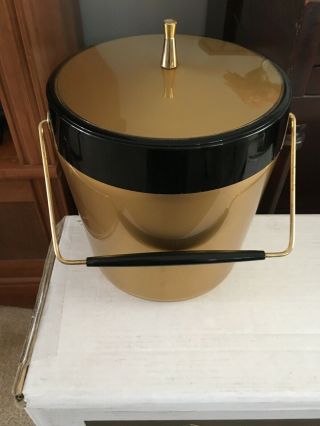 Vintage West Bend Thermo Serv Ice Bucket Black & Gold Mcm Space Cap Handle Euc