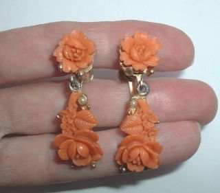 Vintage Celluloid Coral Rose Pearl Earrings