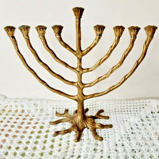 Judaica Vintage Solid Brass Hanukkah Jewish Menorah Candle Holder 9 "