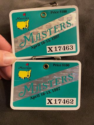 1997 2 Masters Golf Augusta National Badges Ticket Tiger Woods 1st Win Very Rare