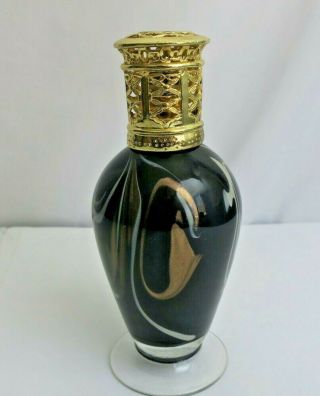 Glass Oil Lamp Effusion Fragrance Catalytic Burner Brown Swirl Vintage Lid Incl
