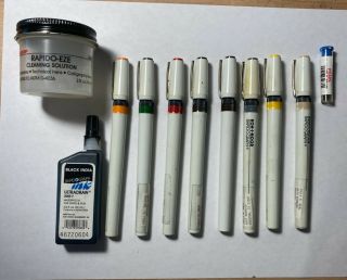 Vintage Koh - I - Noor Rapidograph 8 Technical Pens Set,  Ultradraw Ink,  Rapido - Eze