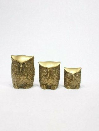 Set Of 3 Vintage Brass Owl Paper Weight Figurines