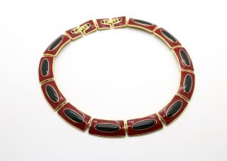 Vintage Monet Chunky Gold Plated Red And Black Enamel Choker Necklace