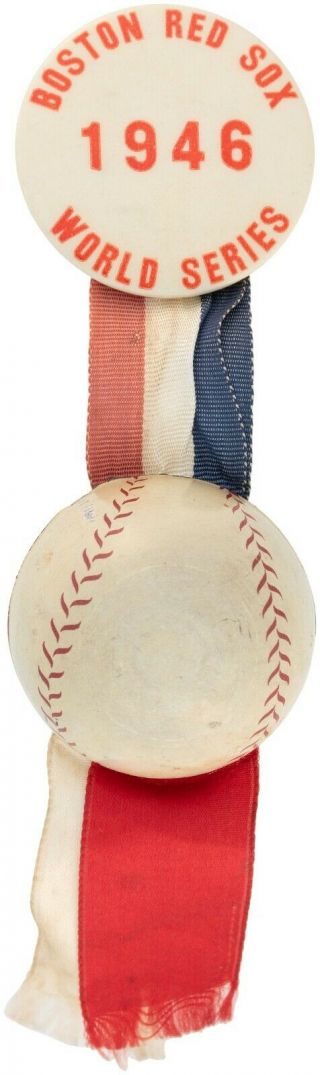1946 Boston Red Sox " World Series " Ribbon & Tin Baseball Pin Button Ted Williams