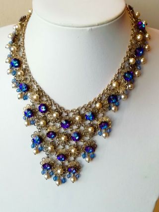 Vintage Jewellery Goldtone Filigree Necklace With Faux Pearls And Midnight Blue