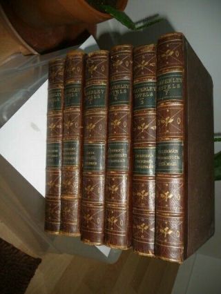 6 Waverly Novels By Sir Walter Scott Copyright Edition Vols 1,  3,  5 - 8 1868 Leather
