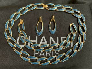 Vintage Jewellery 1980s Gold & Blue Enamel Necklace,  Bracelet & Earring Set