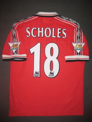 1998 - 1999 Umbro Manchester United Paul Scholes Home Jersey Shirt Kit England