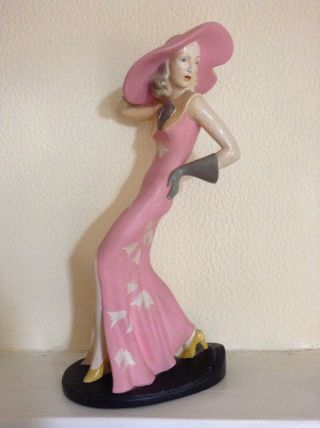 Vintage Art Deco Plaster Lady In Pink & Grey Outfit