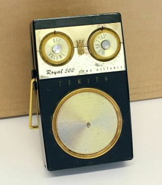Zenith Royal 500 Black " Owl Eye " Transistor Radio - 8ct40z2 Chassis - Vintage