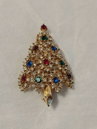 Eisenberg Signed Vintage Color Rhinestones Christmas Tree Brooch Pin Goldtone