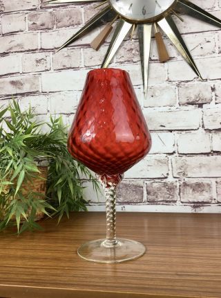 Vintage Mid Century Red Diamond Optic Brandy Snifter Studio Art Glass Empoli