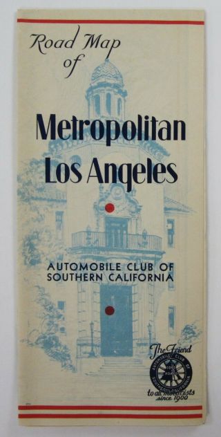 Vintage Metropolitan Los Angeles Hollywood Road Map Auto Club So Cal 1930 - 40s