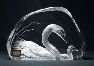 Vintage Scandinavian Mats Jonasson Glass Swans Paperweight Signed Labelled