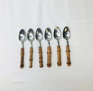 Vintage Set Of (6) Stainless Grapefruit Spoons Wooden Handle Made In Japan