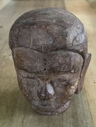 Antique/Vintage Solid Wood Heavy Hand Carved Buddha Head 11cm Tall. 2