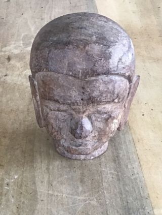 Antique/Vintage Solid Wood Heavy Hand Carved Buddha Head 11cm Tall. 3