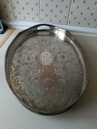 Vintage Large Chased Silver Plate On Copper Gallery Tray With Handles 18 " By 12 "