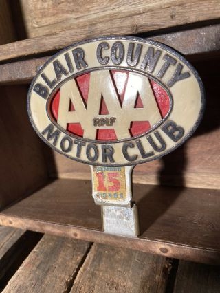 Vintage Aaa Club Badge Emblem License Plate Topper Blair County Motor Club