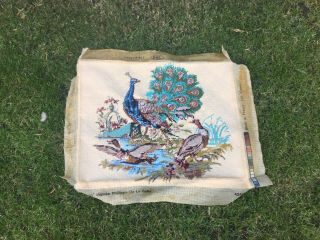LARGE VINTAGE TAPESTRY EMBROIDERED PICTURE HAND STITCH PEACOCK PEAHEN BIRDS 2