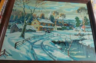 Older Lg Vintage Pbn Paint By Number App 20 By 25 " Winter Farm Scene 40 