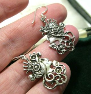 Vintage Jewellery Art Nouveau Revival Sterling Silver Flower Lady Drop Earrings