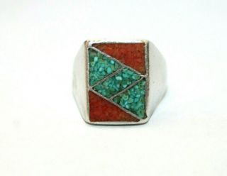 Vintage Native American Sterling Mens Ring Sz 11 Turquoise Coral Chips
