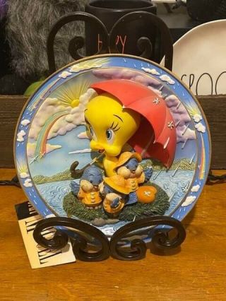 Vintage Looney Tunes Tweety Decorate Plate W/ Stand Wishing With Hue 1999