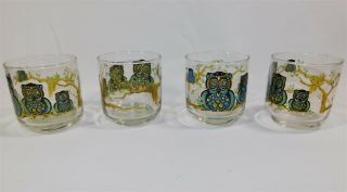 4 Vintage Owl Low Ball Cocktail Bar Glasses Blue Gold Libbey Mcm