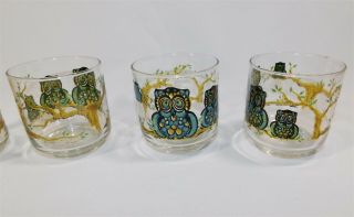 4 Vintage Owl Low Ball Cocktail Bar Glasses Blue Gold Libbey MCM 3