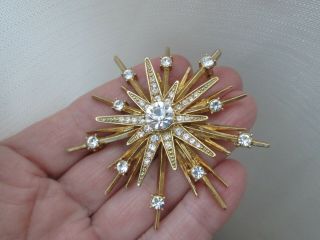 Vintage Signed Avon Nr Gold Tone Star Clear Glass Atomic Statement Brooch Pin