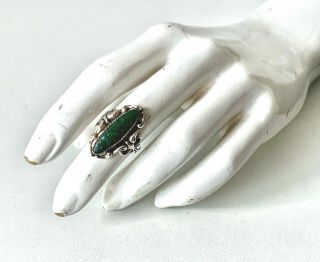 Vintage Sterling Silver Signed Beau - Dark Green Stone Ornate Ring : Uk: M