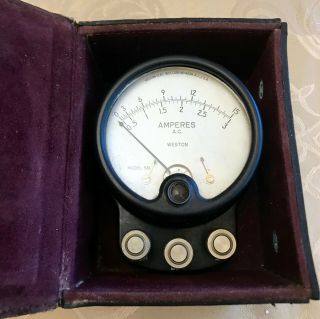 Vintage Weston Ac Ammeter Dual Range 0 - 3 & 0 - 15a 528 2.  5 " Dia,  In Leather Case