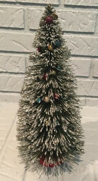 Vintage 13” Glitter Bottle Brush Christmas Tree W/mercury Glass Ornaments