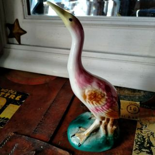 Vintage Porcelain Pink Bird Crane Flamingo Figurine Retro 1950s 1960s Ceramic