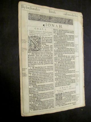 1611 - 13 King James Bible Leaf - Title Page To The Book Of Jonah - Folio - Rare