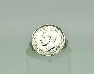 Vintage English Sterling Silver Coin Ring Size O 1/2,  1940 Silver Threepence