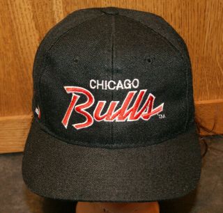 Vintage 90s Chicago Bulls Sports Specialties Script Snapback Hat Cap Black Euc