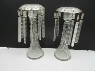 2 Vintage Clear Glass Candle Holders With Hanging Crystal Prisms