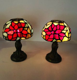 Pair Vintage Tiffany Style Stained Glass 8 " Votive Tea Light Candle Holder Lamp