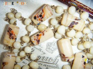 Art Deco Venetian Murano Cream End Of Day Long Flapper Wired Vintage Necklace