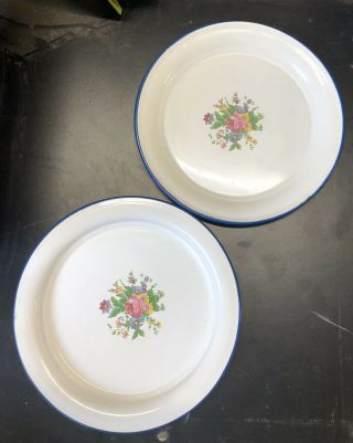 Vintage Multi Color Floral Porcelain Enamel Painted Round Tin Plate Set - 2