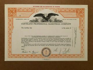 Cleveland Professional Basketball Cavaliers Unissued Stock Certificate Nba 1970