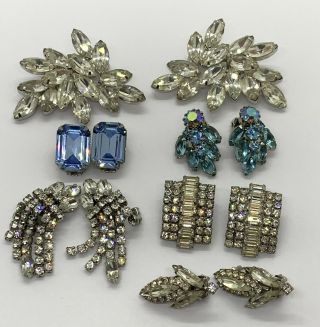 6 Pair Vintage Signed Weiss Rhinestone Clip On Earrings