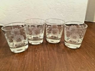 4 Vintage 7 Oz Rocks Low Ball Glasses Etched Floral Clear Glass Barware 3 1/4 " H