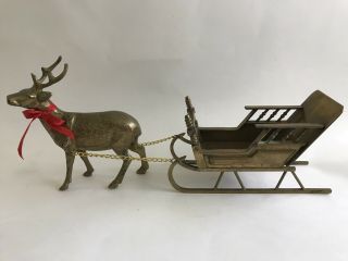 Vintage Brass Reindeer And Sleigh Christmas Decor Candy Dish Display Holiday