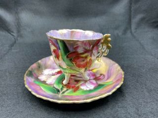 Vintage Chubu China Occupied Japan Hand Painted Footed Cup And Saucer,  Floral